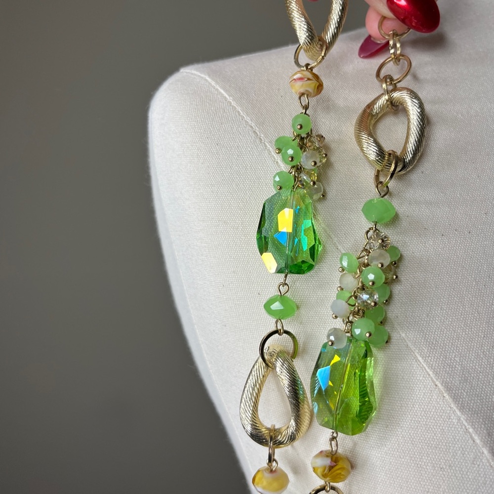 Vintage Gold Link Green Glass Necklace Jewelry Beads Cocktail Y2K Statement Rare - Picture 10 of 14